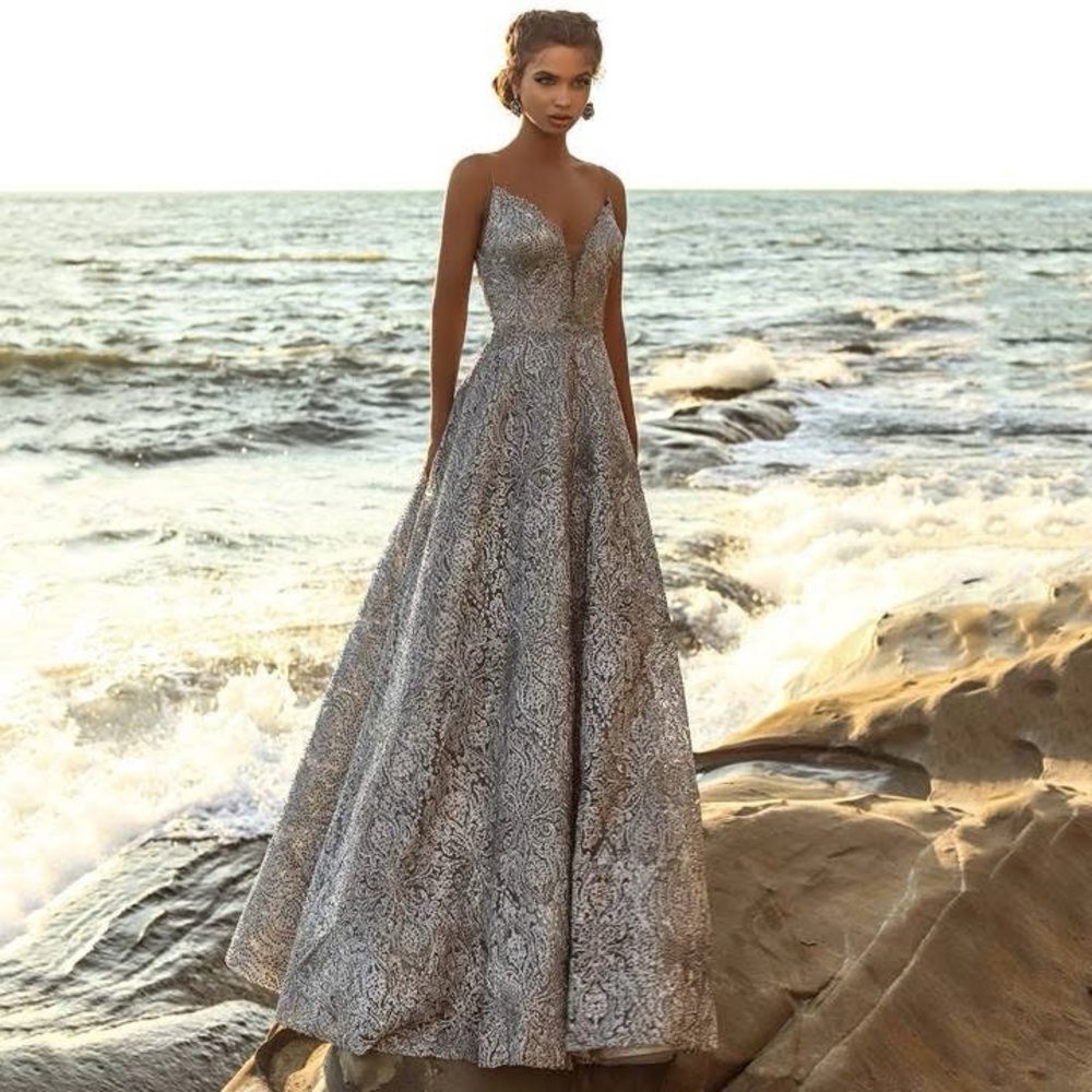 NWT Tarik Ediz 98872 Silver Gold Embellished Ball Gown